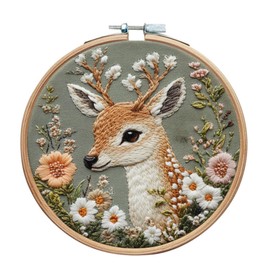 IUHUI Embroidery Kit for Beginners and Adults - Beautiful Animals Gorgeous Pattern DIY Hand Stitch Embroidery Set with Hoop (Fawn with Flowers)