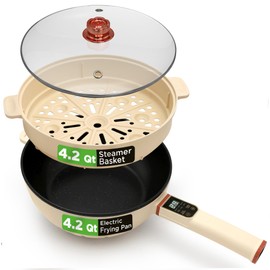 NutriChef 2 In 1 Electric Frying Pan & Steamer 8 Quarts | Portable Non-Stick Skillet for Cooking | Durable Heat Safe Handle | Touch Control Panel | 7 Cooking Functions & Electric Hot Pot | White