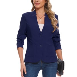 MINTLIMIT Women's Work Blazer 2-Button Patch Pockets Notch Collarless Lightweight Cotton & Tencel Ideal for Spring & Summer Casual to Formal Wear (Navy Blue XXL)