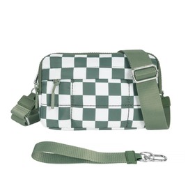 FEIBOON Small Crossbody Bags for Women Nylon Quilted Wristlet RFID Wallets with 4 Zipper Carry All Purse Credit Card Holder (pea green checkered)