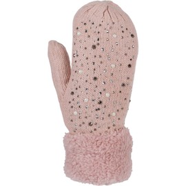styleBREAKER 09010039 Women's Warm Winter Knitted Mittens with Rhinestones and Pearls Thermal Fleece Knitted Gloves, Antique Pink