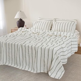 S VICTORY SYMBOL 100% Organic Linen Sheets Set Striped,Yarn Dyed Green Vertical Stripe Bed Sheets King Size,French Natural Flax Bedding Set 4pcs