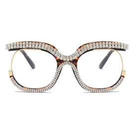 LJCZKA Oversized Blue Light Blocking Glasses Women Rhinestone Anti Blue Light Glasses Diamond Anti Eyestrain Eyeglasses (Leopard)