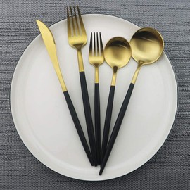 JASHII Luxury Black Gold Flatware, Silverware Sets, 5-Piece Elegant Cute 18/10 Stainless Steel Silverware Set for Eating Home Kitchen Hotel Restaurant, Service Sets for 1 People, Dishwasher Safe