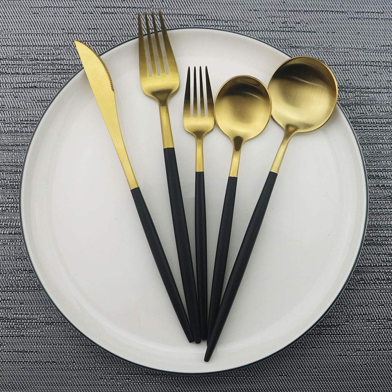 JASHII Luxury Black Gold Flatware, Silverware Sets, 5-Piece Elegant Cute