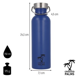 Crossed Palms Stainless Steel Water Bottle, 750 ml, Blue, 7.1 x 24.3 cm, BPA Free, Leak-Proof, CP-10030
