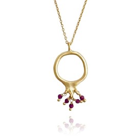 YAIR EMANUEL Pomegranate Pendant Necklace for Women Gold Plated Jewish Judaica Jewelry 25" + 1.5" Chain (Created Ruby COL0076-2A)