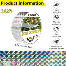 KOKMEYA Bird Scare Reflective Tape, 262 Feet per Roll, Double-Sided Reflective, for Repelling Sparrows and Woodpeckers, Suitable for Outdoor Use in Homes, Gardens, Farms, Orchards,Outdoor