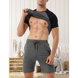 Men's Pyjamas Short Sleepwear Men's Pyjamas with Tops and Shorts Lounge Set Summer Shorty Sleepwear Two Piece Nightwear Set Gifts for Father and Companion, Black/grey
