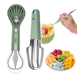 Yiyifor Melon Cutter, 2 Pieces Melon Slicer, Stainless Steel, 3-in-1 Fruit Cutter, Watermelon Cutter with Melon Cutter and Fruit Forks, for Cantaloupe, Papaya, Dragon Fruit