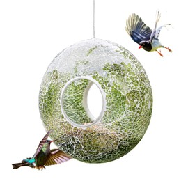 Voltogar Glass Mosaic Hanging Fly Through Bird Feeder for Garden, Yard, Patio and Porch Decor, 9" H Green Outdoor Hanging Round Wild Bird Feeder