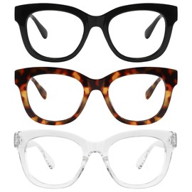 KSSESSE Reading Glasses for Women Men Square Oval Readers with Spring Hinge Thick Frame Style (Black/Transparent/Demi Brown-Clear Lens, 1.75, x)