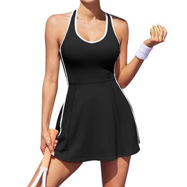 ATTRACO Womens Tennis Dress with Built in Bra Racerback Exercise Dress with Shorts Black
