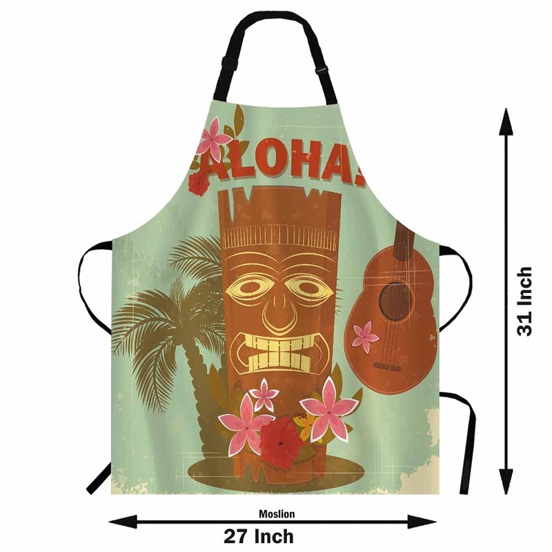 Moslion Hawaiian Tiki Style Apron,Seaside Palm Trees and Beautiful Flowers