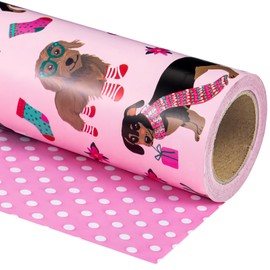 WRAPAHOLIC 30 Inch Jumbo Reversible Dog Christmas Wrapping Paper - 30 Inch x 33 Feet - Pink Christmas Dog Wrapping Paper and Polke Dot Design for Holiday, Puppy Party Celebration