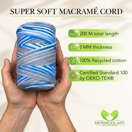 MeriWoolArt® Premium Macrame Yarn - Macrame Cotton Yarn 3 mm x 200 m - Super Soft Yarn, Single Twist Macrame Cord - Oeko-Tex 100% Recycled Cotton for DIY Boho Decoration Crafts