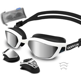 OOPFUN Adult Swim Goggles with Lenses Interchangeable, UV Protection Swimming Goggles for Men Women Anti Fog No Leaking Frame with Smoke Lenses and Electroplated Silver Lenses Black and White
