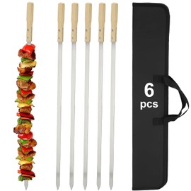 SHIKORI Kabob Skewers,BBQ Barbecue Skewers,Stainless Steel Sticks,23 Inch Heavy Duty Large Wide Reusable,with Nonslip Wooden-6 Pcs