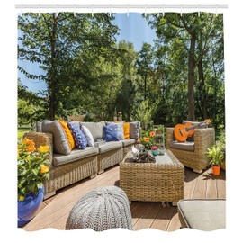 Ambesonne Patio Cortina de Baño, Balcón Terraza con Árboles, Paño Conjunto de Decoración de Baño de Tela y Ganchos, 84" Extra Alta, Bosque Verde Claro Marrón