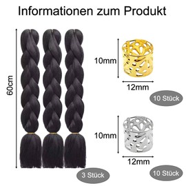 Braids Extensions Set, 60 cm, 3 Pieces Synthetic Hair for Braiding, Black Hair Extension Braid, with 20 Pieces Adjustable Hair Accessories, Reusable Dreadlocks Jewellery (Gold, Silver) (Black)