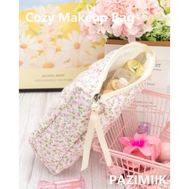 Quilted Makeup Bag Large Travel Zipper Soft Cosmetic Pouch for Women Girls Make Up,Floral Pink