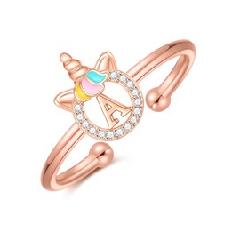 Initial Rings for Girls Gifts, Rose Gold Plated Adjustable Initial Rings for Girls Cute Letter A Initial Ring Stackable Unicorn Rings for Teen Girls Kids Rings for Girls Unicorns Gifts for Girls