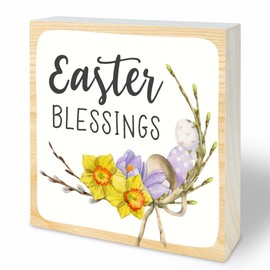 5" Happy Easter Wooden Block Sign Gift - Easter Blessing Egg & Flower - Rustic Solid Pine Wood Sign For Farmhouse, Shelf, Shelves, Home & Office Decorations - A10