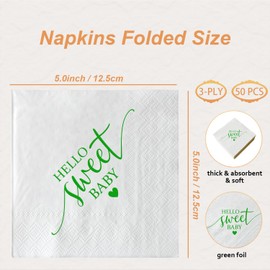 50 Pcs Hello Sweet Baby Paper Napkins Green Foil and White Baby Shower Napkin Bar Berverage Luncheon Dinner Cocktail Napkins for Neutral Boy Girl Gender Reveal Party Decorations 3 Ply