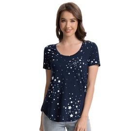 WiWi Women's Pajama Tops Soft Crew Neck Sleep Shirt Loose Short Sleeves T-Shirt Viscose from Bamboo Loungewear S-XXL, Navy Stars, X-Large