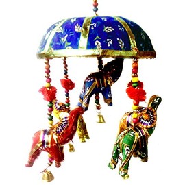 Rastogi Handicrafts Indian Traditional Elephant Blue Umbrella Hanging Layer of Five Elephant