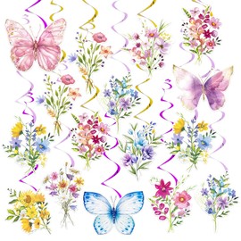 24PCS Wildflower Hanging Swirl Decorations, Wildflower Butterfly Party Ceiling Streamers for Spring Birthday Baby Shower Bridal Shower Garden Party Supplies