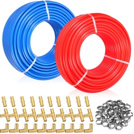 Landhoow 1/2" 2 x 300 ft Pex-a Pipe/tubing (total 600 Ft), Blue and Red, with 1/2" 30 Pcs Brass Expansion Fittings and 100 Pcs Pex Expansion Rings for Hot/cold Water Plumbing