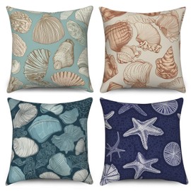 ASDCXZ Ocean Cushion Cover 40 x 40 cm Set of 4 Retro Ocean Shell Starfish Beige Blue Green Sofa Decorative Cushion Covers Washable Polyester Linen Textile Cushion Cover Cushion Cover
