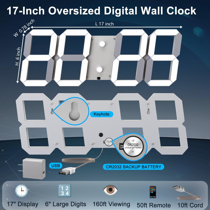 Digital Wall Clock 17" with Remote Control,3D Led Clock Adjustable