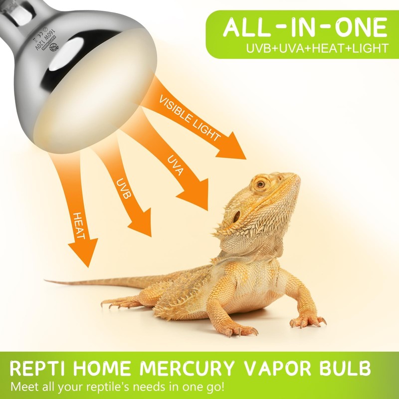 160W UVA UVB Vapor Reptile Heat Lamp, High Intensity Self-Ballasted
