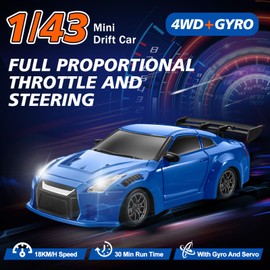 ACAMMZAR Mini RC Drift Car with Gyro, 1:43 4WD Full Proportional RC Cars, 18KM/H High Speed Remote Control Car with Lights, Extra Racing Tires, Vehicle for Adults Kids Boys, Blue