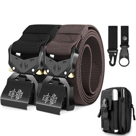 Leskyair Men's Tactical Belt, Work Belt, Heavy Duty Belt, Military Hiking, 3.8 cm Width, Gift with Molle Bag and Water Bottle Clip Hook, Pack of 2, Black + Coffee