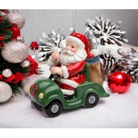 Fine Ceramic Golfing Santa Driving Golf Cart Christmas Tree Ornament Figurine, 3-7/8" L