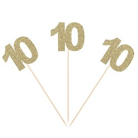 Gold Glitter 10th Birthday Centerpiece Sticks Number 10 Table Toppers for Adult Birthday 11th Anniversary Flower Picks - Pack of 10