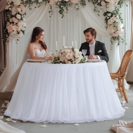 72 Inch White Round Tulle Tablecloth Table Skirt for Wedding Party Wrinkle Free Ruffle Tutu Skirt Spandex Stretch Fitted Round Table Cover for Birthday Baby Shower Banquet Decoration