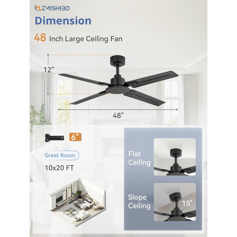 ZMISHIBO 48 Inch Ceiling Fan with Remote No Light, for