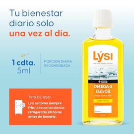LÝSI, Omega 3 en Aceite de pescado, Mezcla de diferentes pescados, Sabor limón, Para toda la familia y embarazadas, Sin gluten y azúcar, 240 ml.