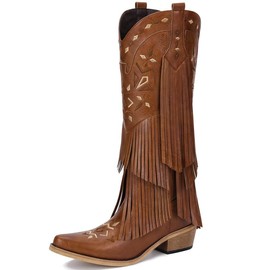 Bybmorto Brown Cowboy Boots for Women - Fringe Knee High Cowgirl Boots with Classic Embroidery, Pointed Toe Pull on Retro Design, Perfect for Western Parties, Weddings and Events Size 8