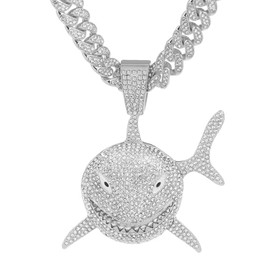 GuoShuang Cuban Link Chain for Men Women with Pendant,miami Ice Out Diamond Cuban Link Necklace Hip Hop Jewelry (Shark -Silver -2)