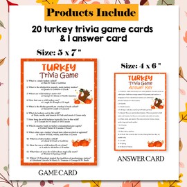 Thanksgiving Games Cards - Turkey Trivia Game - 20 Pumpkin & Turkey Game Cards With 1 Answer Card For Dinner Table Holiday Funny Activity-Thanksgiving Party Decor & Supplies For Family Adult Teens-A03