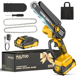 PULITUO 20V Mini Chainsaw Cordless, 6 Inch Battery Powered Electric Chainsaw with 2 Batteries, Lightweight Handheld Saw for Tree Trimming, Wood Cutting, Pruning - Color: Yellow (2 Batteries)