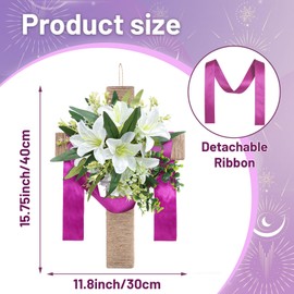 Easter Cross Wreaths for Front Door, 16" Religious Spring Wreath with Lily and Purple Ribbon, Christian He is Risen Easter Decor, Rustic Twine Wrapped Hanging Ornament Wall Porch Farmhouse Home Decor
