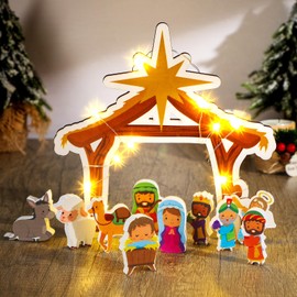 Soaoo 12 Pcs Christmas Nativity Scene Set with LED Wood Small Religious Jesus Birth Table Signs Wooden Christmas Story Manger Scene People Play Nativity for Kids Ornament Figurines for Home Mantel