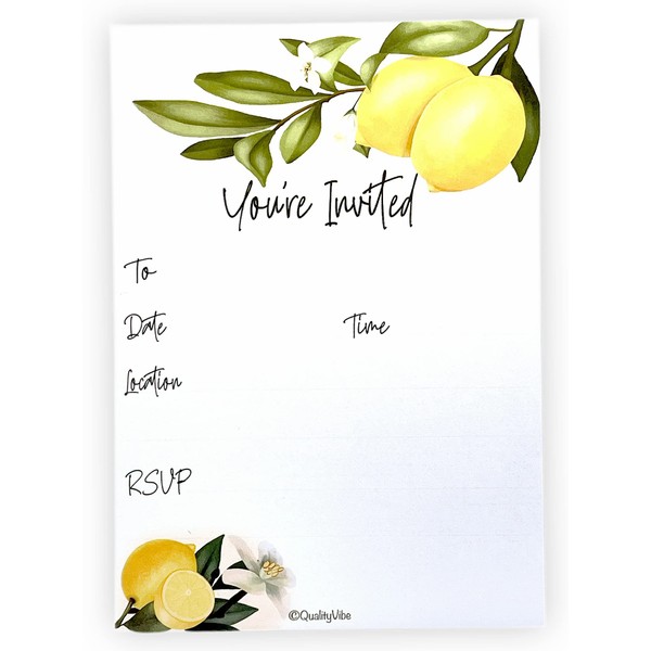 25 Lemon & Greenery Invitations With Envelopes, Weddings, Graduations & Birthdays. Fall & Spring Blooming Lemons Theme. Thick & Non Coated Cardstock For Use With Any Pen.