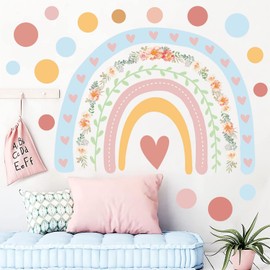Tanlaby Rainbow Wall Stickers Colorful Rainbow Flowers Wall Decal Boho Dots Wall Decor DIY Vinyl Mural Art for Girls Baby Nursery Bedroom Playroom Home Decor